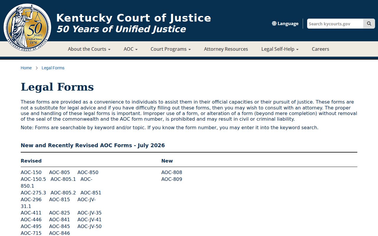 Fredonia record check view of Kentucky Court of Justice legal forms